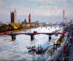 Thames At Lambeth by Tom Butler - Original Collage on Board sized 36x30 inches. Available from Whitewall Galleries